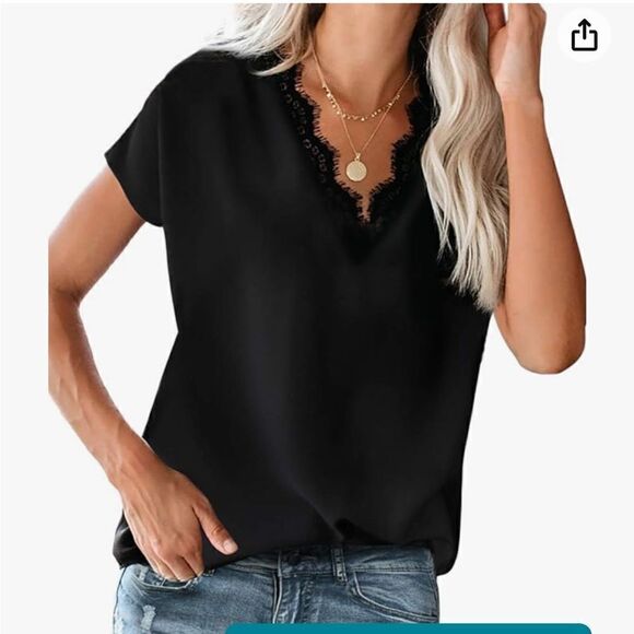 lime flare Dressy Lace Trim Blouse Tops Popular Short Sleeve Shirt - Picture 1 of 5